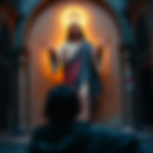 A person reflecting in front of a depiction of Jesus, inspired by the message of forgiveness and self-trust, in a Barcelona setting.