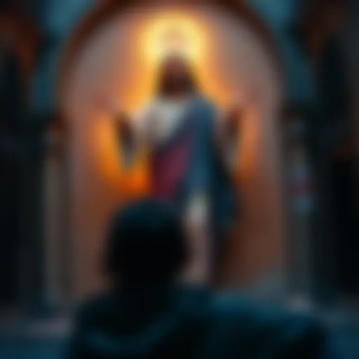 A person reflecting in front of a depiction of Jesus, inspired by the message of forgiveness and self-trust, in a Barcelona setting.