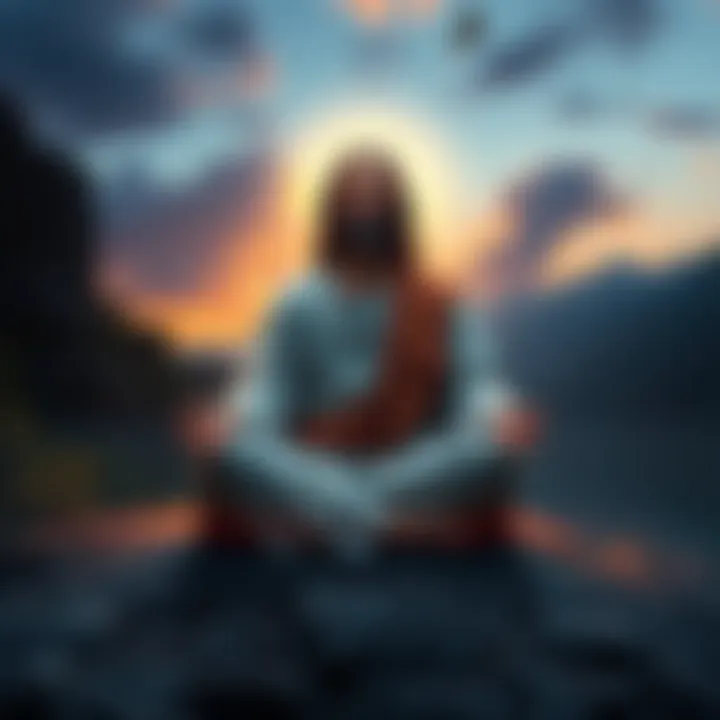 Jesus meditating in a serene landscape, embodying a mystic presence