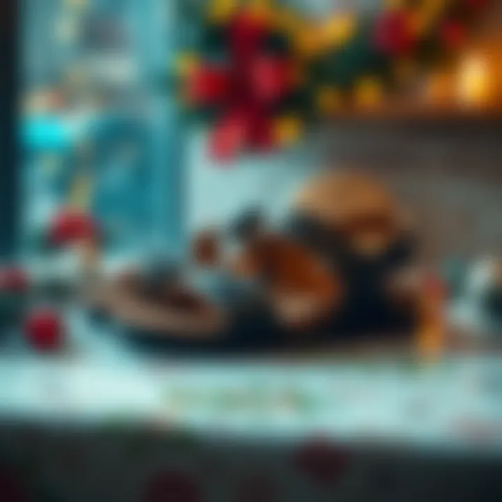 Stylish Jesus sandals placed on a festive table with holiday decorations