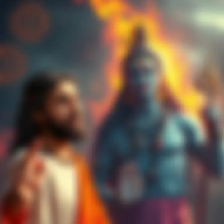 Jesus pointing at Shiva A depiction of Jesus pointing toward Shiva, who appears confused, with a dreamlike background showing spiritual symbols.