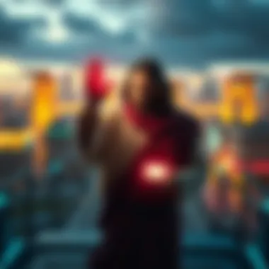 A depiction of Jesus wearing modern clothing, standing in a futuristic city with a glowing device in his hand, suggesting advanced technology.