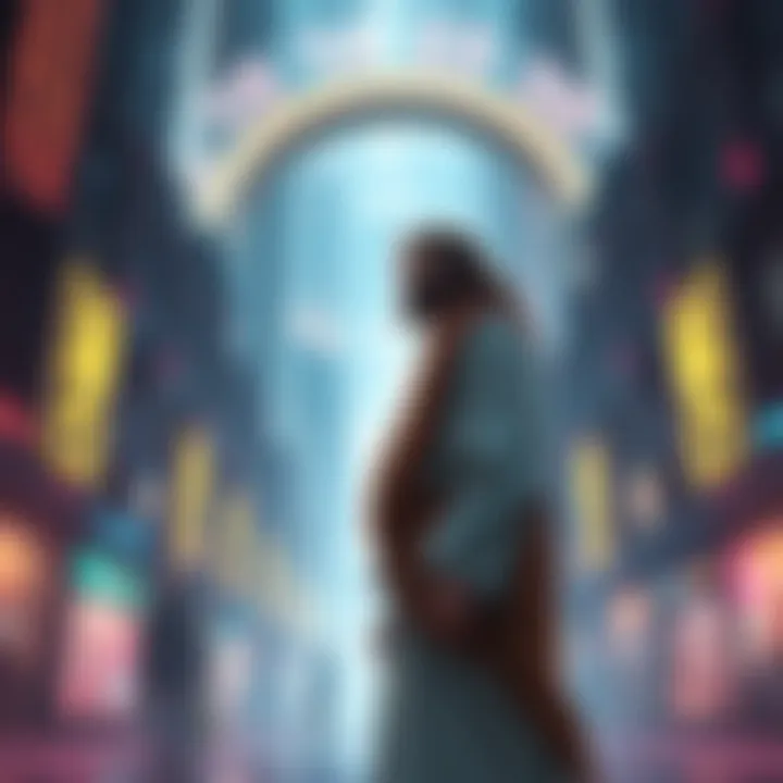 Illustration of Jesus in modern clothes, standing in a futuristic city with a glowing time portal behind him.
