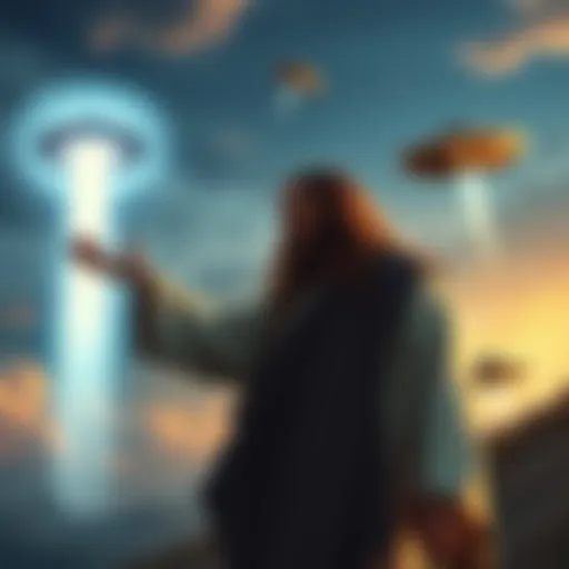 A painting showing Jesus next to two UFOs and a bright figure in the sky