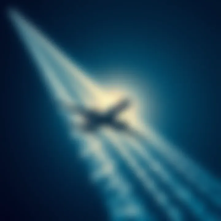 A jet flying high in the sky with long contrail clouds trailing behind it, formed by exhaust meeting cold air.