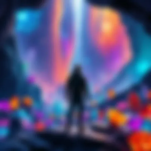 A jeweler stands in a vibrant gemstone world, surrounded by glowing landscapes and unique beings, showcasing a transformative journey.