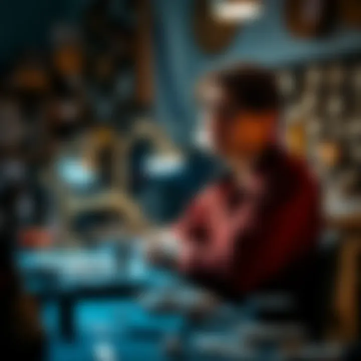 A jeweler sitting at a workbench, surrounded by tools and unfinished pieces, looking contemplative about their career choices.