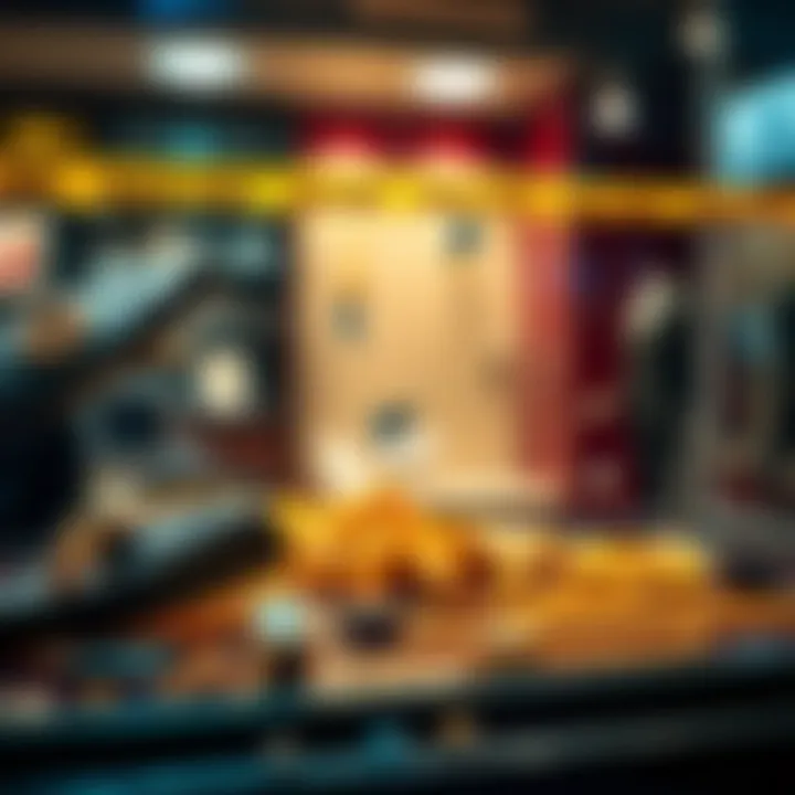 A close-up view of a shattered jewelry store display case with gold jewelry scattered around. Police tape is visible in the background, indicating a crime scene.