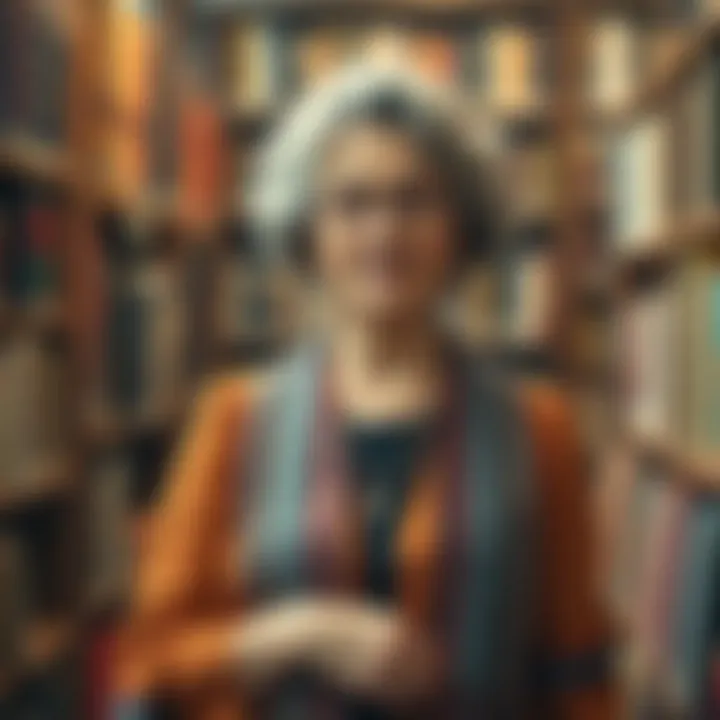 A Jewish woman, dressed in 70s academic attire, stands in a library surrounded by books on spirituality and religion, symbolizing her influence on A Course in Miracles.