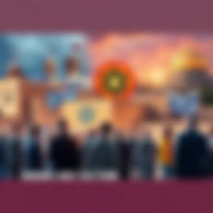 A collage depicting Jewish historical symbols, including the Star of David and the Western Wall, set against a backdrop of diverse people engaging in discussion.