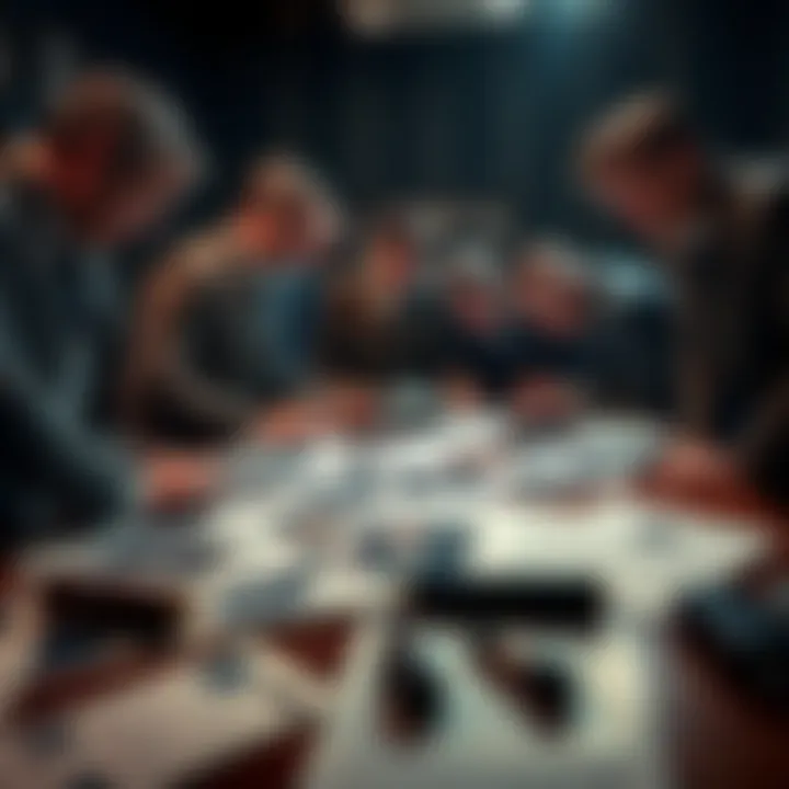 A group of detectives examining evidence related to JFK's assassination, with photos and documents spread out on a table, highlighting potential conspiracy links.