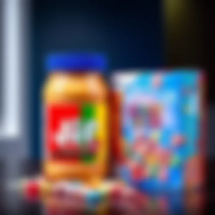 A jar of Jif peanut butter next to a colorful box of Froot Loops cereal, representing popular snacks since 1989.