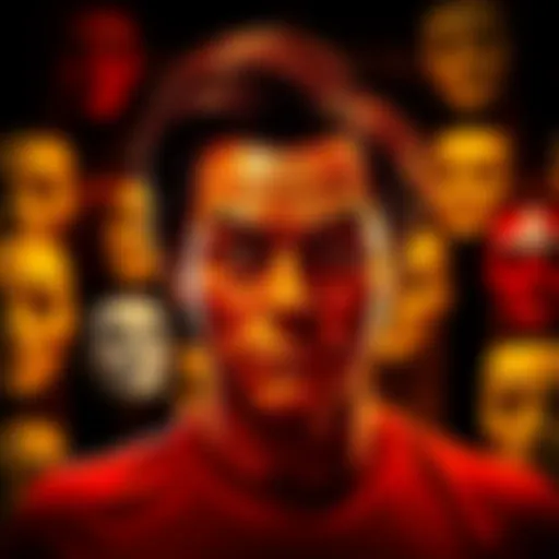 A person wearing a mask resembling Jim Carrey, with a questioning expression, surrounded by various masks symbolizing identity issues.