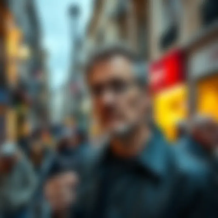 Jim Apple looking confused while trying to introduce himself to a French local in a busy street.