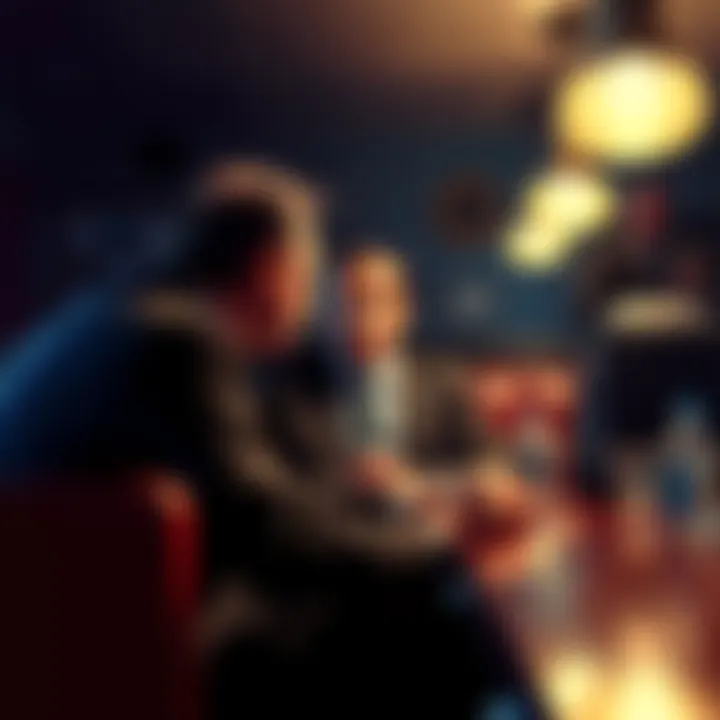 A man in a suit discussing with two shady figures in a dimly lit diner booth