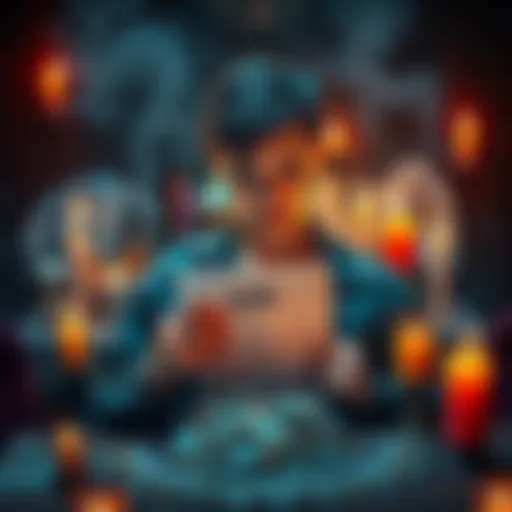 A mystic scene showing a person surrounded by candles and crystals, looking disappointed while holding a job application and coins, symbolizing lack of success in job and money magic.