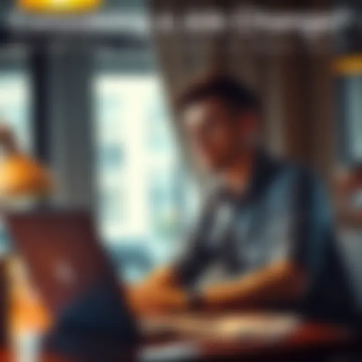 Person considering job change Individual weighing options for a new job, looking thoughtful while sitting at a desk with a laptop and notepad, contemplating career move.