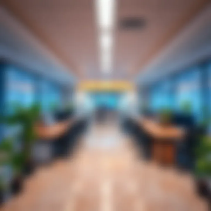 A bright and open workspace with plants and wellness areas, showcasing a balance between work and health programs for better well-being.