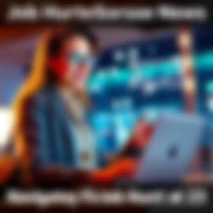 A young professional confidently navigating a job search with a laptop and networking opportunities.