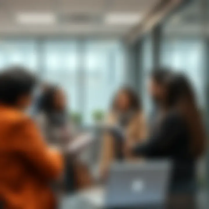 A group of diverse immigrants discussing job opportunities with a career advisor in a modern office setting.