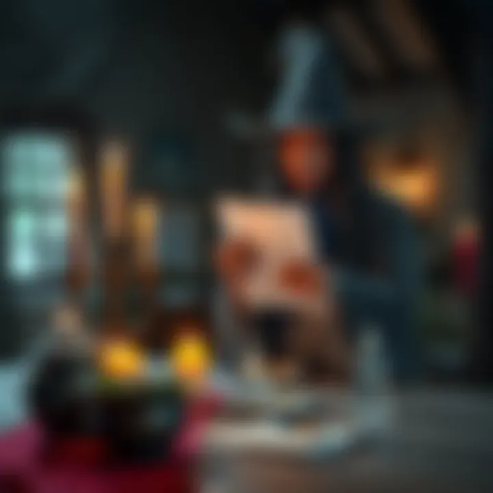 A spellcaster standing by a table with herbs and candles, looking surprised by a job offer letter, the atmosphere is mystical and tense.