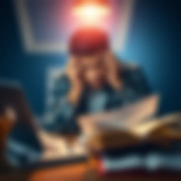 A frustrated individual studying a job application on a laptop, surrounded by notes and an open notebook, symbolizing the job search struggle.