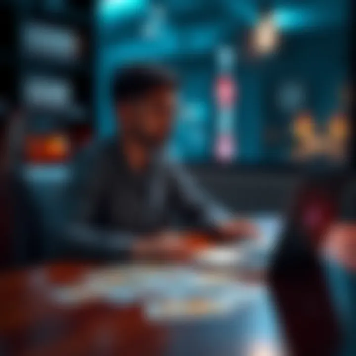Person contemplating a job offer A person sits at a table with tarot cards spread out and a laptop open, looking thoughtful about a job opportunity.