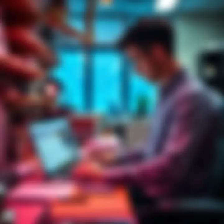 Individual looking at job listings on a laptop in a cluttered office
