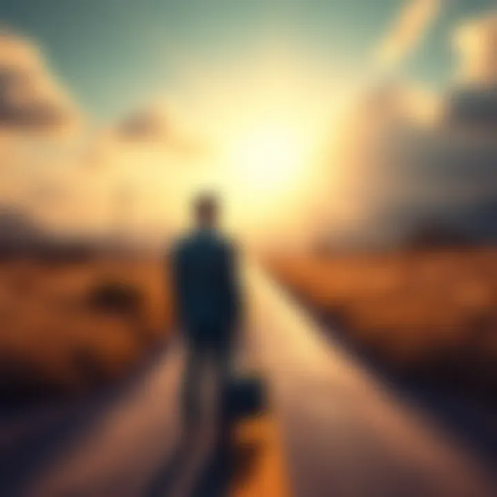 A person standing at a crossroads, looking hopeful while holding a briefcase, symbolizing the search for a new job and opportunities.