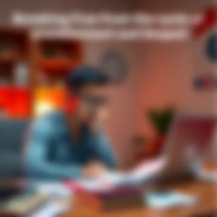 Individual sitting at a desk, surrounded by job applications and a laptop, with a worried expression