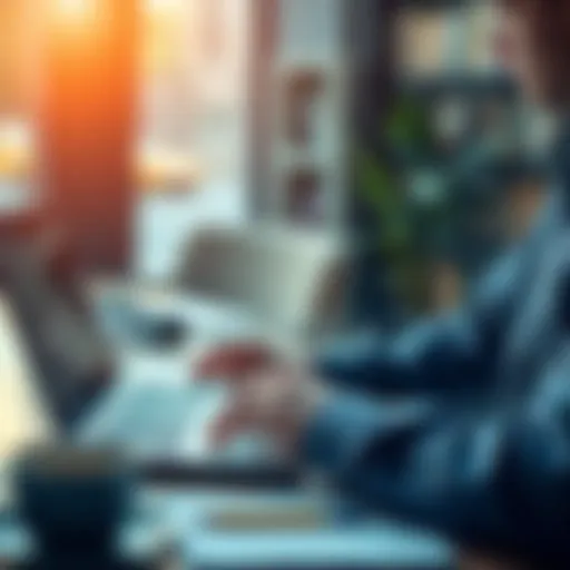 A person reviewing job listings on a laptop while taking notes and sipping coffee