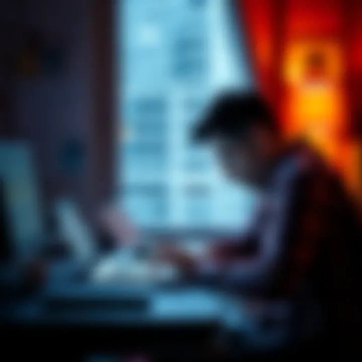 Job seeker feeling anxious A person sitting at a desk, looking stressed while browsing job listings on a laptop