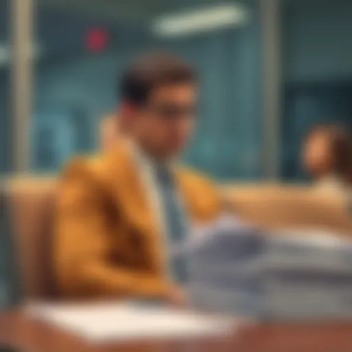 A worried job seeker dressed professionally sits in a waiting area, looking anxious before an interview. A stack of resumes is on the table beside them.