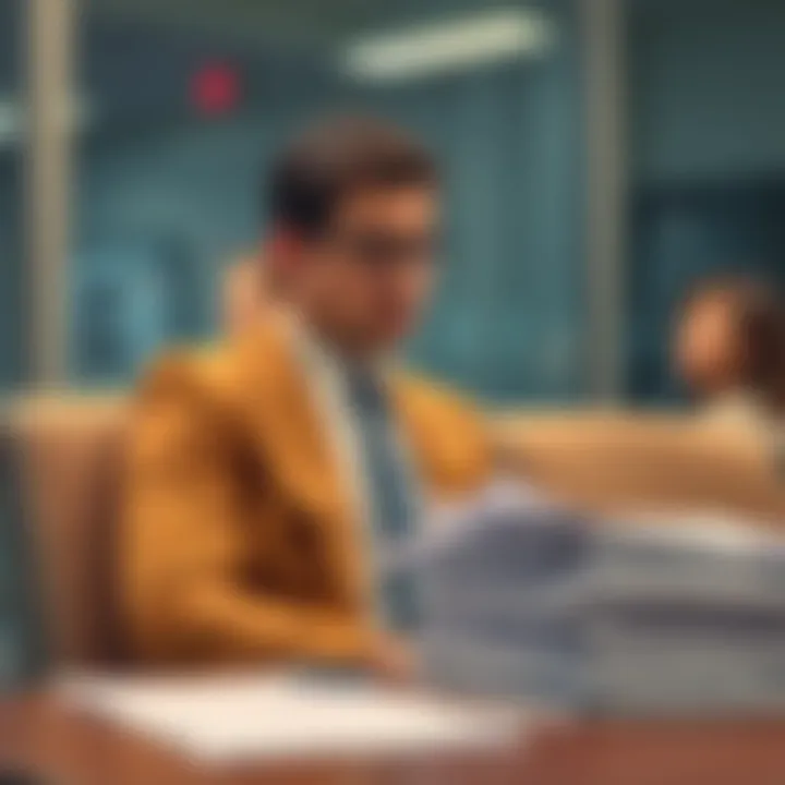 A worried job seeker dressed professionally sits in a waiting area, looking anxious before an interview. A stack of resumes is on the table beside them.