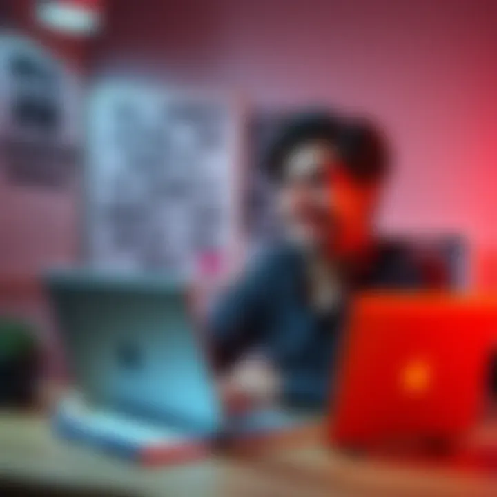 A person smiling while reviewing job listings on a laptop, surrounded by motivational quotes and a notebook