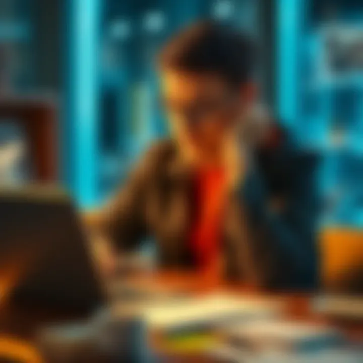 Job Seeker Looking for Opportunities A person sitting at a desk with a laptop, looking concerned while searching for job openings online, with papers and a coffee cup on the table.