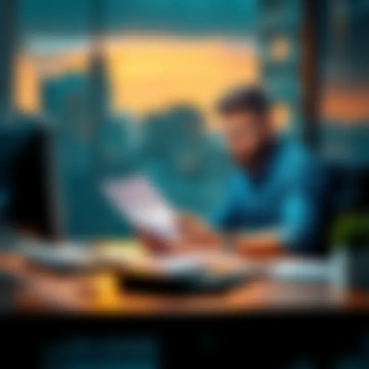 A person sitting at a desk reviewing their resume and job listings, looking focused and determined