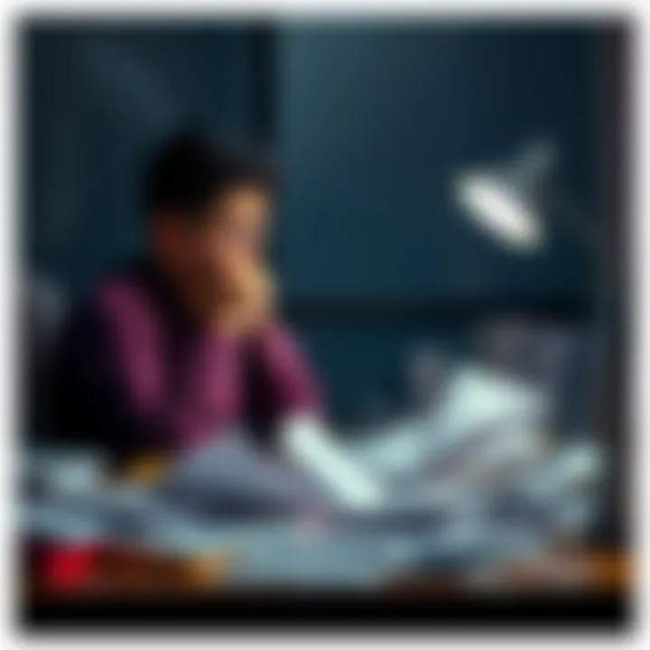 A person sits at a desk, surrounded by rejection letters, looking stressed and thoughtful.