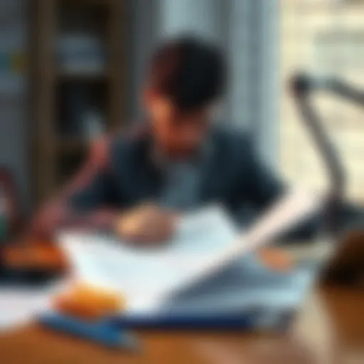 A person sitting at a desk, looking stressed while reviewing their resume and job applications, symbolizing the challenges of job hunting with mental health issues.