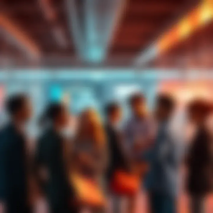 A diverse group of job seekers in a modern office setting discussing career opportunities