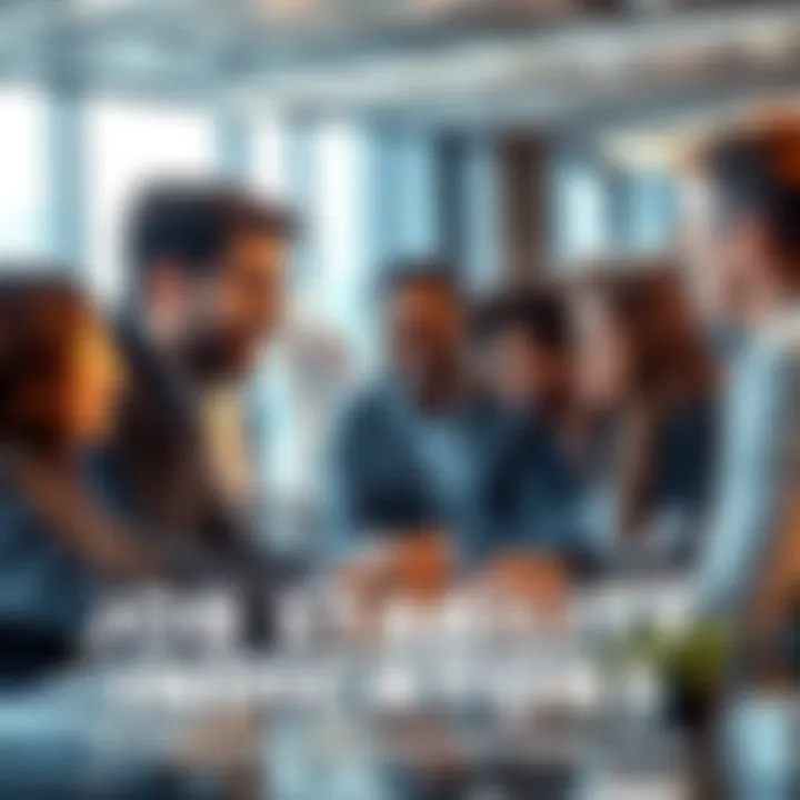A group of diverse professionals discussing trends in a modern office setting, highlighting economic indicators for job stability.