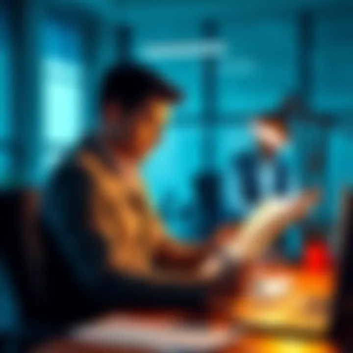 A jobseeker sitting at a desk, looking at job applications and taking notes, appearing focused and determined.