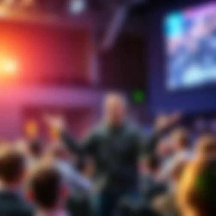 Joe Dispenza gestures while addressing a large audience during a seminar
