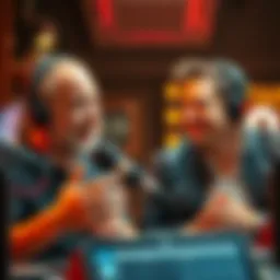 Joe Rogan talking animatedly on a podcast with Elon Musk listening intently, hinting at discussions about aliens and UFO technology.