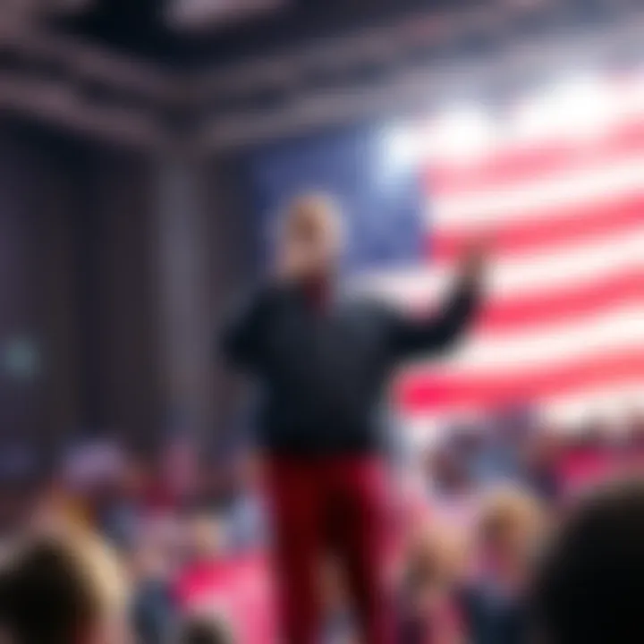 Joe Kent stands on stage at a rally, passionately addressing a crowd with an American flag in the background.