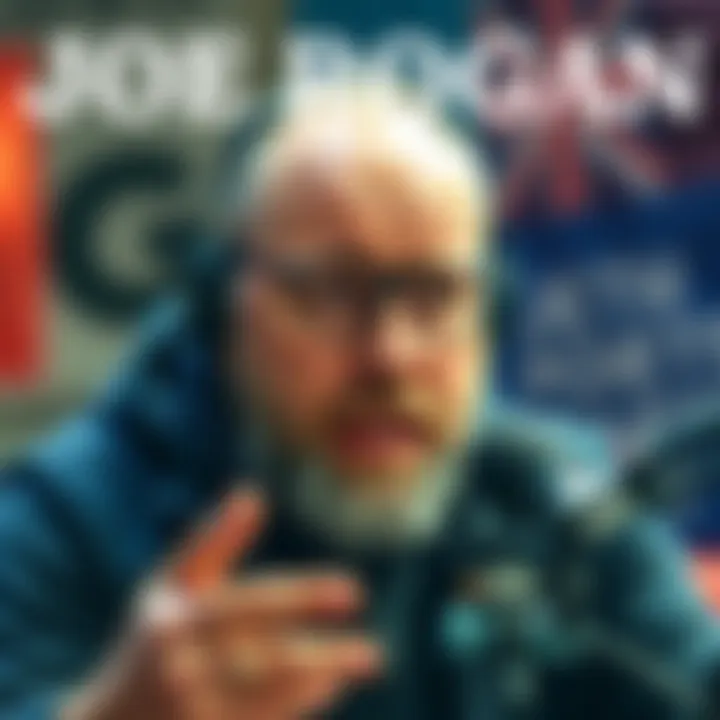 Joe Rogan speaking on a podcast about the implications of UK migration policies and their impact on society's stability, with a concerned expression