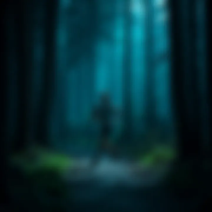 A jogger running in a dark forest with ominous shadows around him