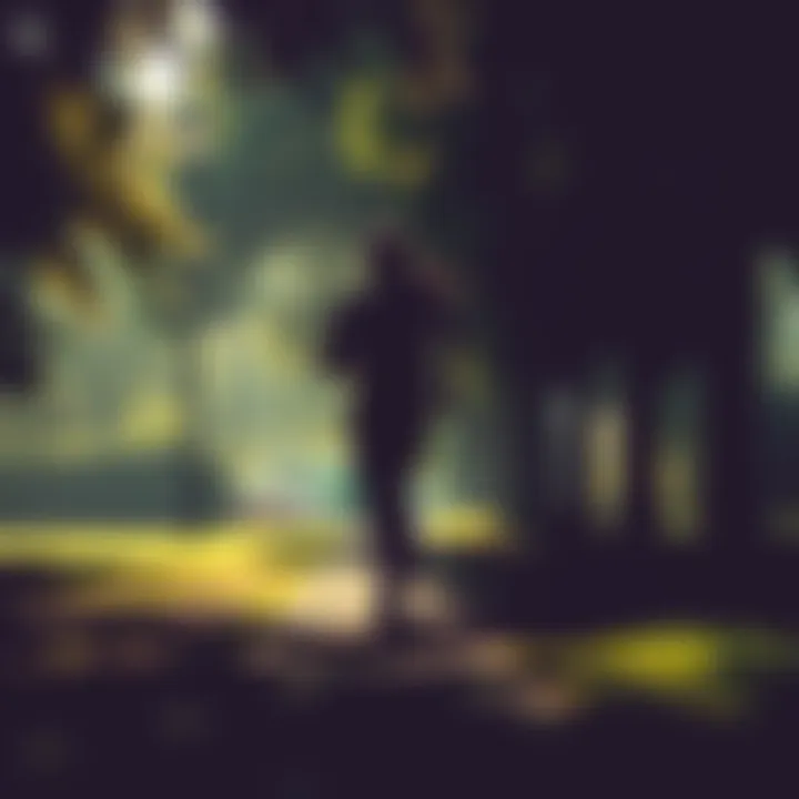 A silhouette of a man jogging in a park, symbolizing Bob Marley, surrounded by trees and shadows.