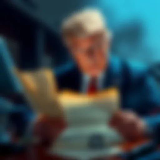 John G. Trump examining documents related to Nikola Tesla, hinting at time travel theories.