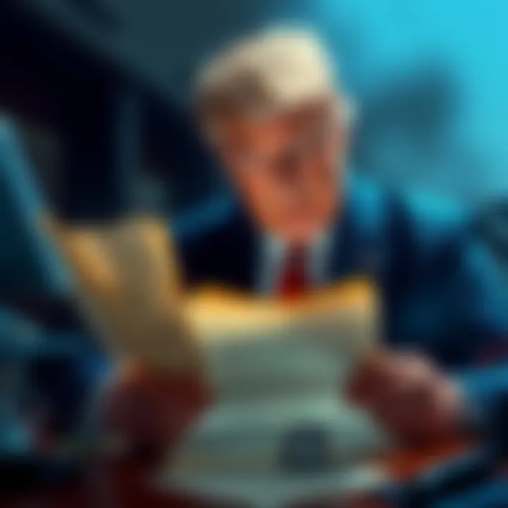 John G. Trump examining documents related to Nikola Tesla, hinting at time travel theories.